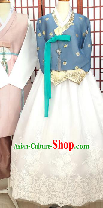 Korean Classical Wedding Garment Clothing Bride Fashion Blue Blouse and White Dress Traditional Court Hanbok Costumes