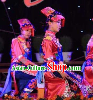 Chinese Qiang Nationality Stage Performance Clothing Minority Folk Dance Red Dress Uniforms Sichuan Ethnic Festival Garment Costumes and Headdress