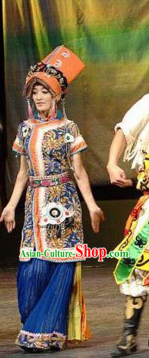 Chinese Qiang Nationality Dance Performance Clothing Minority Wedding Bride Blue Dress Uniforms Sichuan Ethnic Festival Garment Costumes and Headpieces