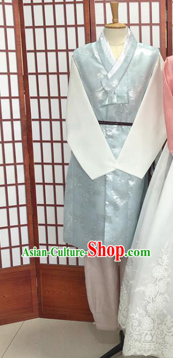 Korean Young Man Blue Vest Beige Shirt and Khaki Pants Traditional Bridegroom Costumes Korea Festival Clothing Wedding Hanbok