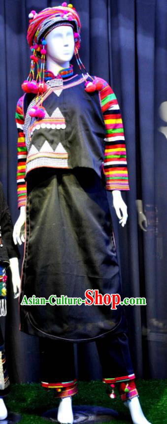 Chinese Mojiang Hani Nationality Female Clothing Hanis Minority Black Uniforms Yunnan Ethnic Folk Dance Garment Costumes and Headwear