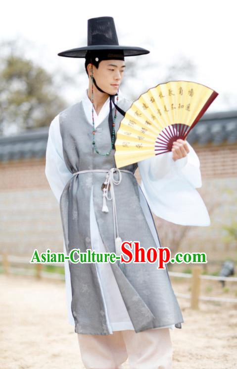 Korea Festival Clothing Korean Wedding Hanbok Prince Grey Long Vest Blue Shirt and Beige Pants Traditional Bridegroom Costumes