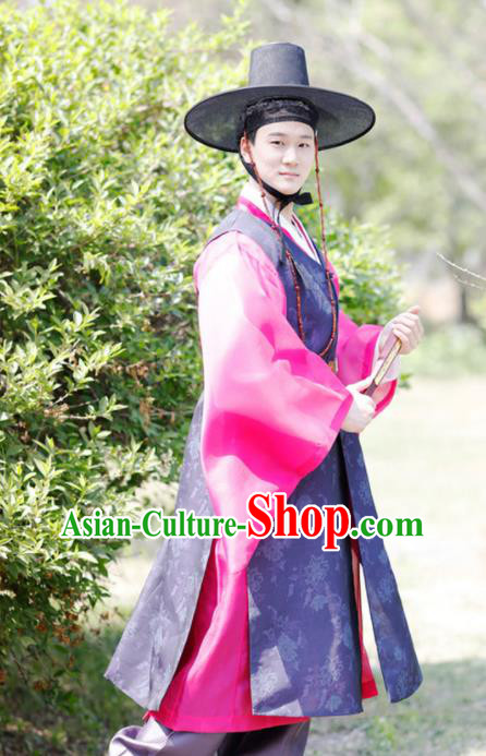 Korea Prince Navy Long Vest Rosy Shirt and Pants Traditional Bridegroom Costumes Festival Clothing Korean Wedding Hanbok