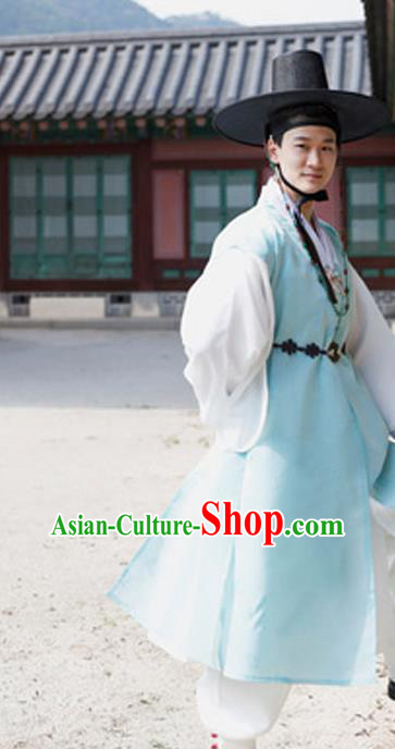 Korean Wedding Hanbok Korea Prince Blue Long Vest White Shirt and Pants Bridegroom Costumes Traditional Festival Clothing