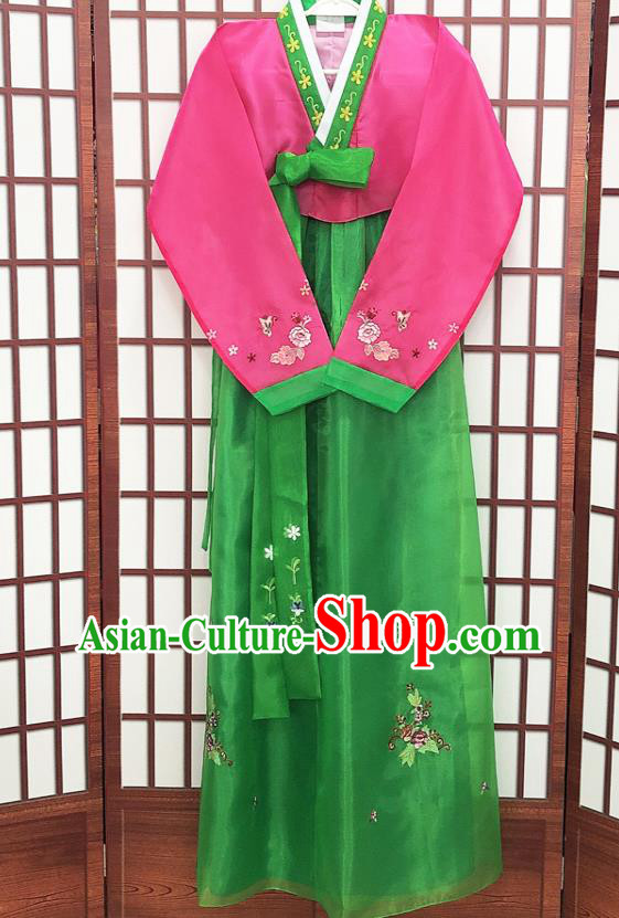 Korean Bride Garments Court Fashion Clothing Wedding Rosy Blouse and Green Dress Traditional Hanbok Costume