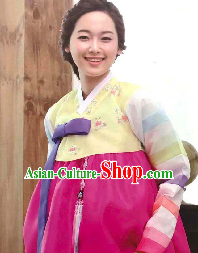 Korean Wedding Garments Bride Fashion Clothing Classical Embroidered Yellow Blouse and Rosy Dress Traditional Court Hanbok Costume