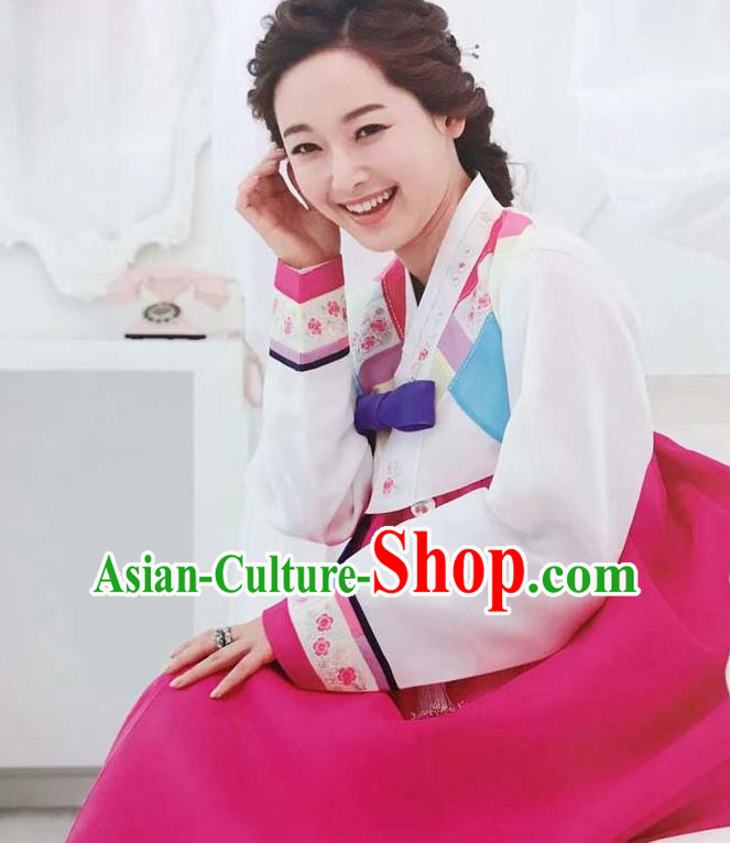 Korean Traditional Court Hanbok Costume Wedding Garments Bride Fashion Clothing Classical Embroidered White Blouse and Rosy Dress