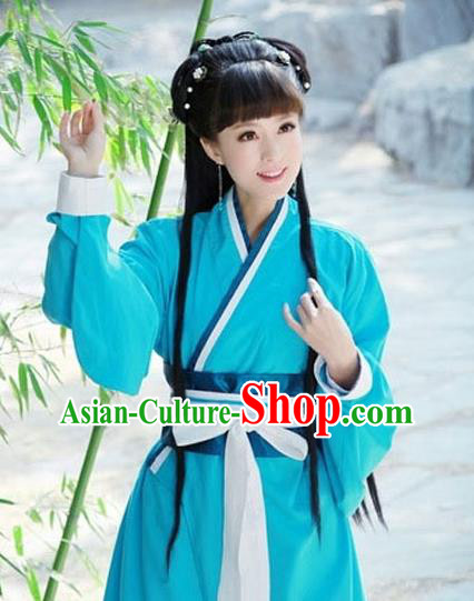 China Ancient Female Knight Blue Hanfu Dress Cosplay Han Dynasty Young Lady Garments Traditional Drama Swordswoman Clothing