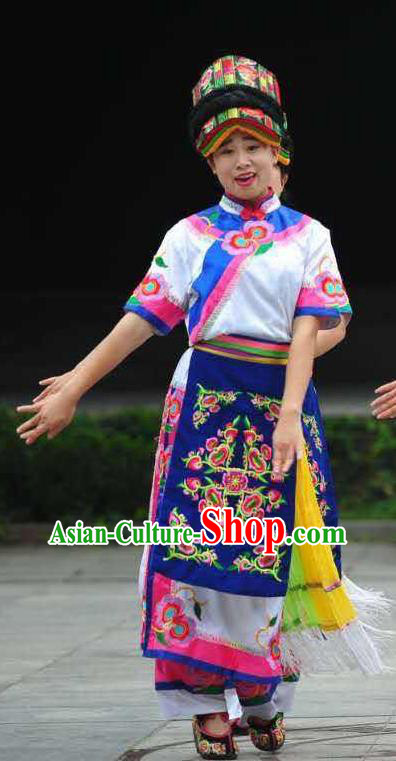Chinese Qiang Nationality Performance Clothing Minority Folk Dance Dress Uniforms Sichuan Ethnic Festival Garment Costumes and Headwear