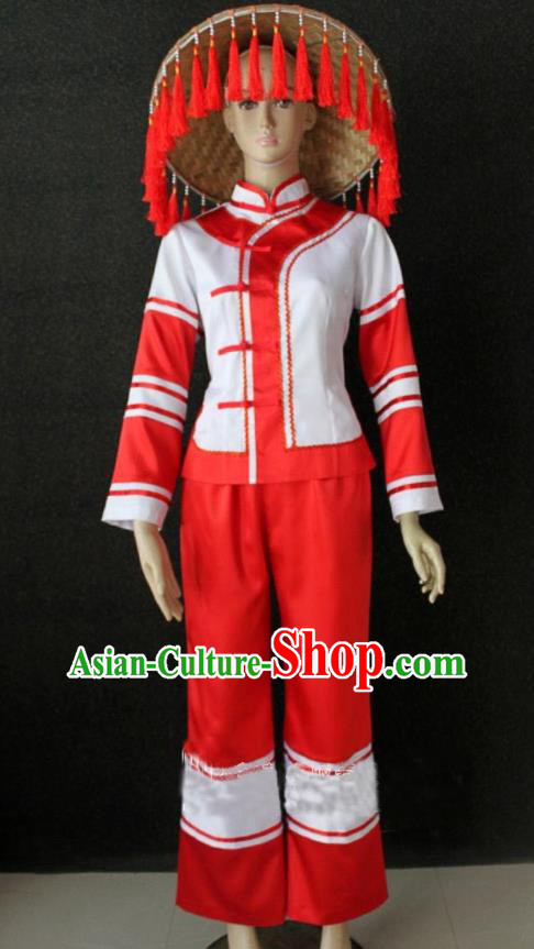 Chinese Maonan Nationality Country Woman Clothing Minority Folk Dance Red Uniforms Guizhou Ethnic Garment Costumes and Tassel Bamboo Hat