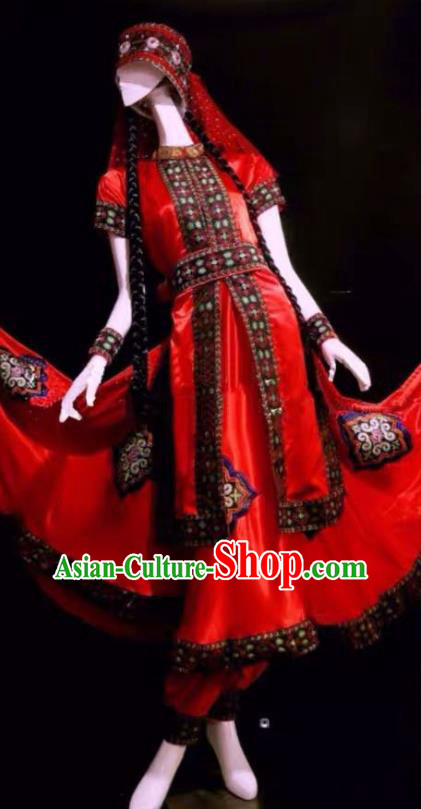 Chinese Tajik Nationality Performance Clothing Tayikos Minority Folk Dance Red Dress Uniforms Xinjiang Ethnic Woman Garment Costumes and Hat