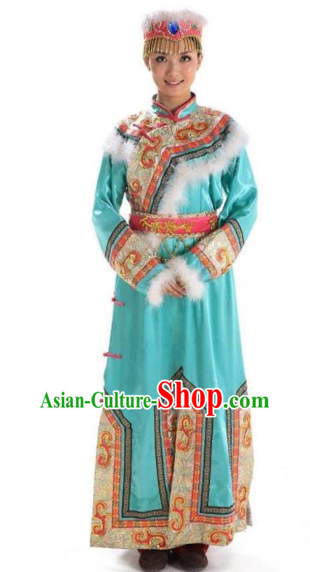 Chinese Hezhen Nationality Bride Clothing Hezhe Minority Woman Festival Blue Dress Uniforms Heilongjiang Ethnic Dance Garment Costumes and Headwear