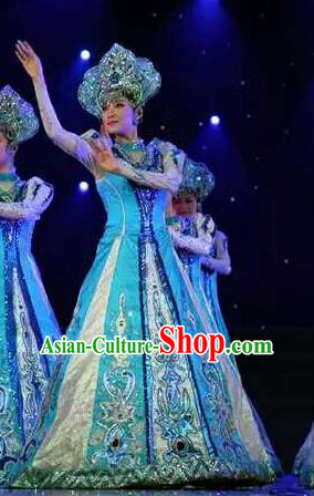 Chinese Eluosi Nationality Performance Clothing Russian Minority Woman Blue Dress Uniforms Xinjiang Ethnic Dance Garment Costumes and Headpieces