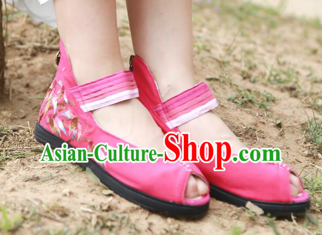 China National Folk Dance Sandal Shoes Embroidered Bamboo Plimsolls Shoes Handmade Rosy Canvas Shoes