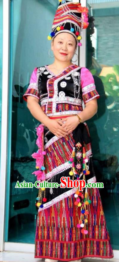 Chinese Achang Nationality Festival Clothing Minority Woman Dress Uniforms Yunnan Ethnic Folk Dance Garment Costumes and Headwear