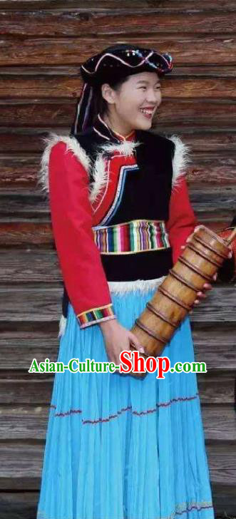 Chinese Pumi Nationality Festival Clothing Minority Woman Dress Uniforms Yunnan Ethnic Folk Dance Garment Costumes and Headpiece