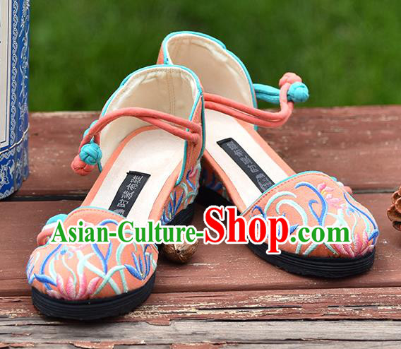 China Woman Sandals National Folk Dance Shoes Embroidered Orchids Orange Canvas Shoes Handmade Old Beijing Cloth Shoes