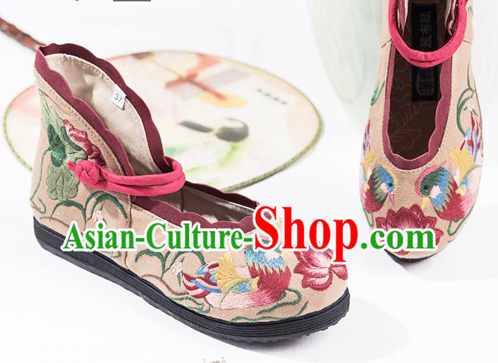 China National Female Shoes Embroidered Mandarin Duck Lotus Shoes Handmade Old Beijing Cloth Shoes Folk Dance Beige Canvas Shoes