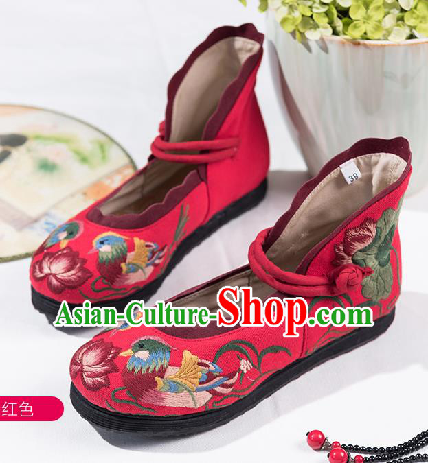 China Embroidered Mandarin Duck Lotus Shoes Handmade Old Beijing Cloth Shoes Folk Dance Red Canvas Shoes National Female Shoes