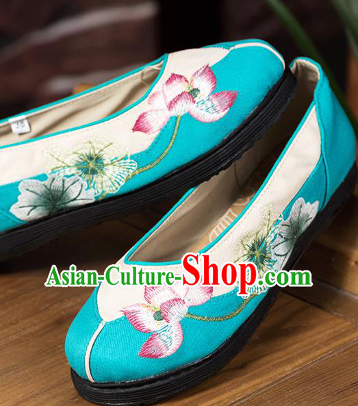 China Woman Folk Dance Shoes National Cloth Shoes Embroidered Lotus Shoes Handmade Blue Canvas Shoes