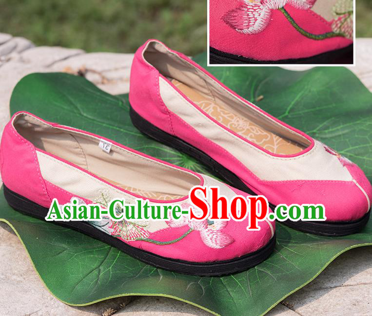 China Embroidered Lotus Shoes Handmade Pink Canvas Shoes Woman Folk Dance Shoes National Cloth Shoes