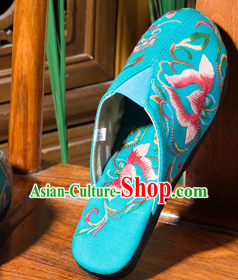 China National Blue Flax Sandals Embroidered Lotus Shoes Handmade Woman Cloth Shoes Folk Dance Shoes