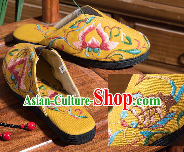 China Handmade Woman Cloth Shoes Folk Dance Shoes National Yellow Flax Sandals Embroidered Lotus Shoes