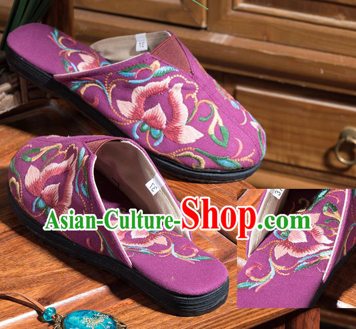 China Embroidered Lotus Shoes Handmade Woman Cloth Shoes Folk Dance Shoes National Purple Flax Sandals