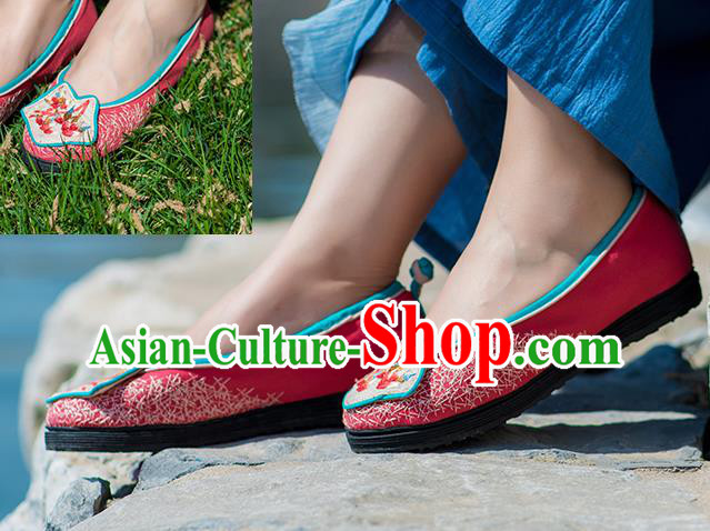 China Embroidered Bamboo Shoes Handmade Old Beijing Cloth Shoes Folk Dance Shoes National Woman Rosy Flax Shoes