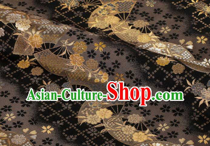 Japanese Kimono Black Brocade Nishijin Tapestry Satin Classical Sakura Fan Pattern Damask Traditional Cloth Fabric