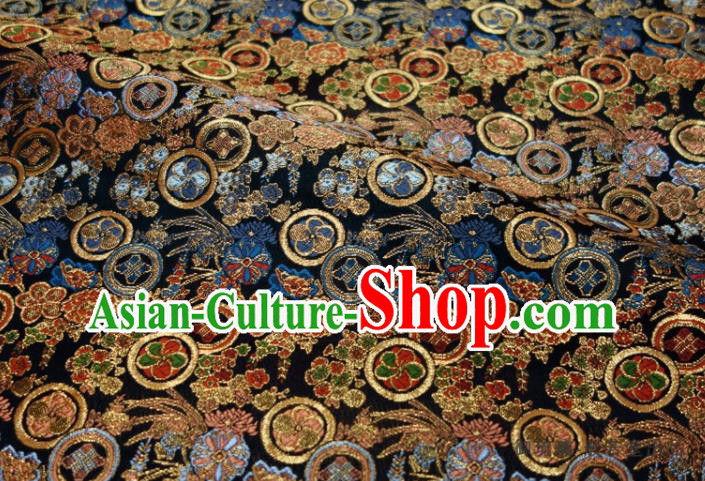Japanese Nishijin Tapestry Classical Flowers Pattern Damask Traditional Kimono Satin Cloth Black Brocade Fabric