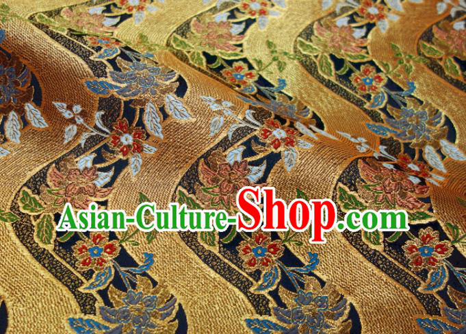 Japanese Classical Flow Flowers Pattern Damask Traditional Kimono Satin Cloth Black Brocade Fabric Nishijin Tapestry