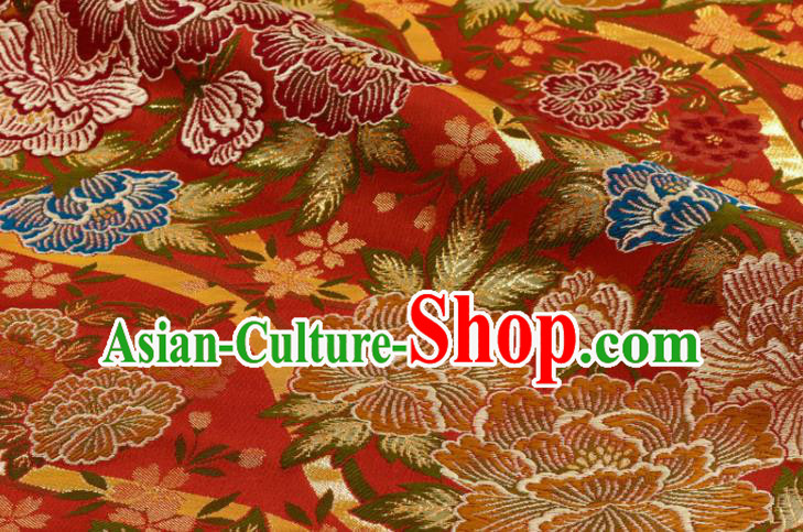 Japanese Royal Peony Pattern Red Brocade Fabric Kimono Satin Cloth Traditional Nishijin Tapestry Classical Damask Drapery