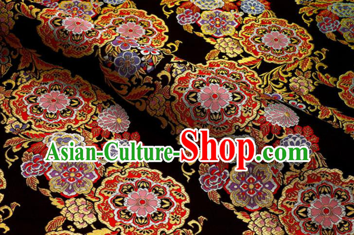 Japanese Traditional Nishijin Tapestry Fabric Classical Damask Drapery Palace Flowers Pattern Black Brocade Kimono Satin Cloth