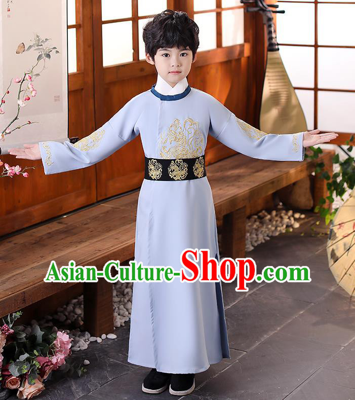 China Boys Classical Dance Garment Costume Ancient Tang Dynasty Scholar Light Blue Robe Traditional Stage Performance Clothing