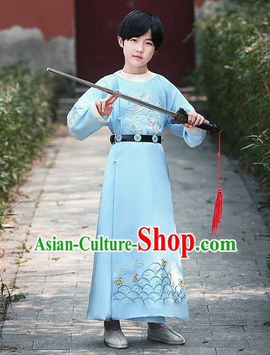China Tang Dynasty Swordsman Embroidered Blue Robe Traditional Dance Performance Clothing Ancient Boys Knight Garment Costume