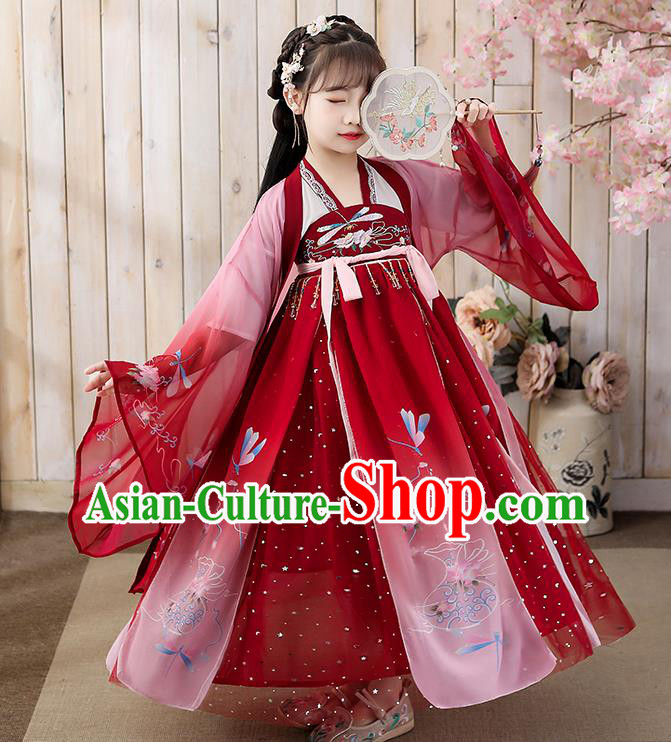 Chinese Children Classical Dance Performance Clothing Traditional Tang Dynasty Girl Princess Red Hanfu Dress Ancient Fairy Garments