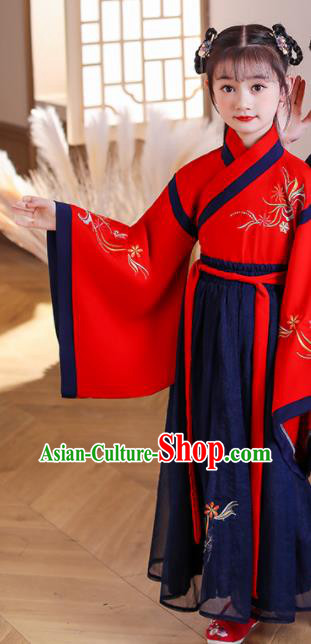 Chinese Traditional Performance Red Hanfu Dress Ancient Girl Student Garments Children Classical Dance Clothing