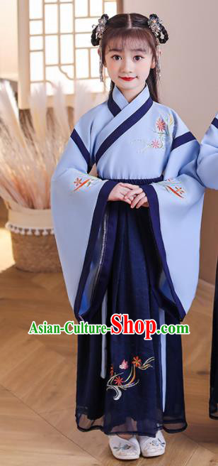 Chinese Children Classical Dance Clothing Traditional Performance Blue Hanfu Dress Ancient Girl Student Garments