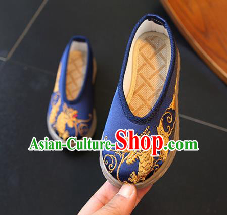 Chinese Traditional Children Hanfu Shoes Boys Embroidered Dragon Shoes Ming Dynasty Blue Cloth Shoes