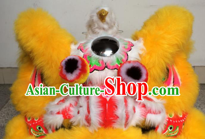 China Southern Lion Dance Performance Costumes Lion Dancing Competition Uniforms Handmade Yellow Fur Lion Head