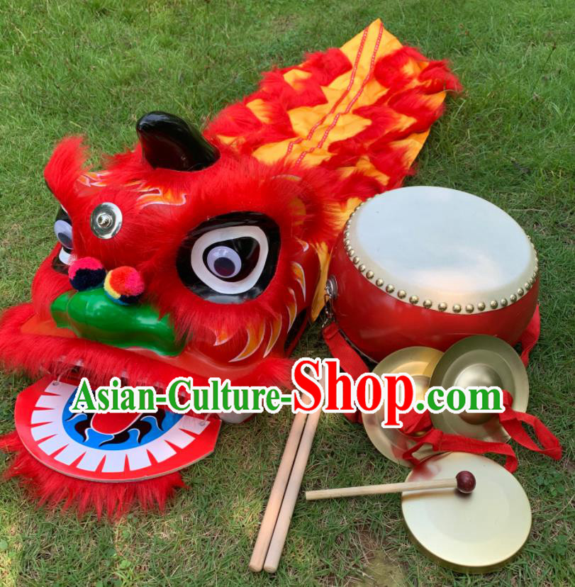 China Children South Lion Dance Competition Uniforms Spring Festival Lion Dancing Performance Costumes Handmade Red Fur Lion Head