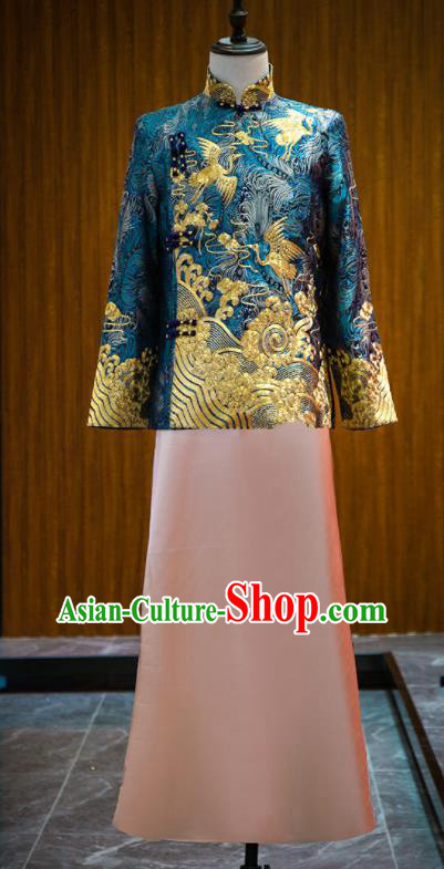 Chinese Traditional Wedding Male Uniforms Tang Suit Embroidered Blue Mandarin Jacket and Pink Long Robe Ancient Bridegroom Clothing