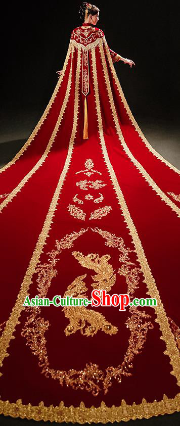 China Wedding Bride Trailing Cape Traditional Xiuhe Suit Red Long Cloak Bridal Dress Clothing