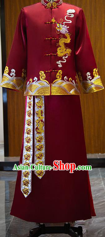 Chinese Ancient Bridegroom Clothing Traditional Wedding Male Uniforms Tang Suit Embroidered Red Mandarin Jacket and Long Robe