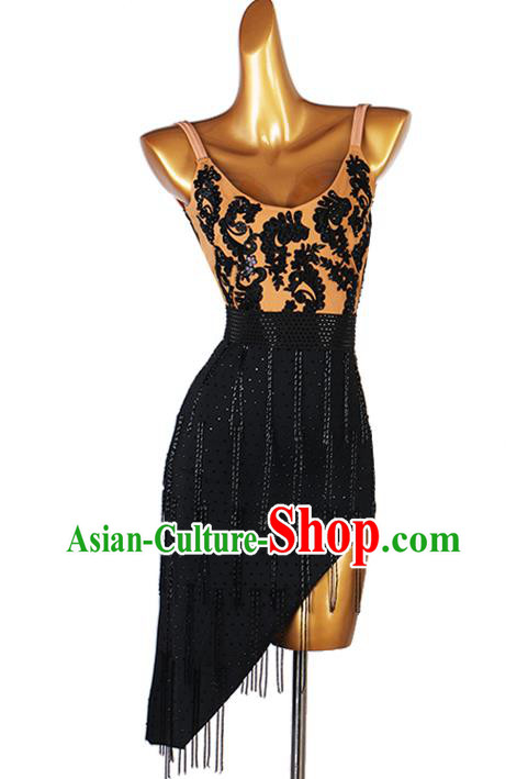Professional Women Cha Cha Clothing Latin Dance Black Tassel Dress Ballroom Dancing Fashion Rumba Dance Competition Costume