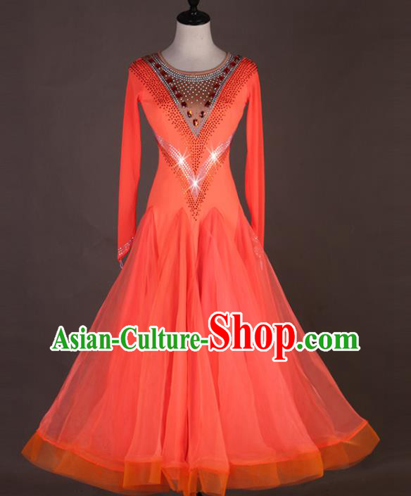 Professional Waltz Dance Competition Costume International Dancing Clothing Modern Dance Fashion Women Ballroom Dance Orange Dress