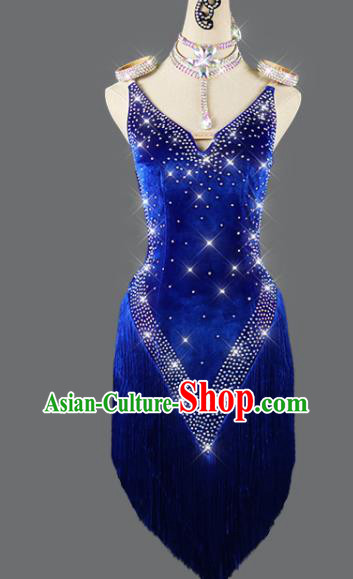 Professional Latin Dance Royalblue Velvet Dress Rumba Dance Costume Women Cha Cha Sexy Fashion Dancing Competition Clothing