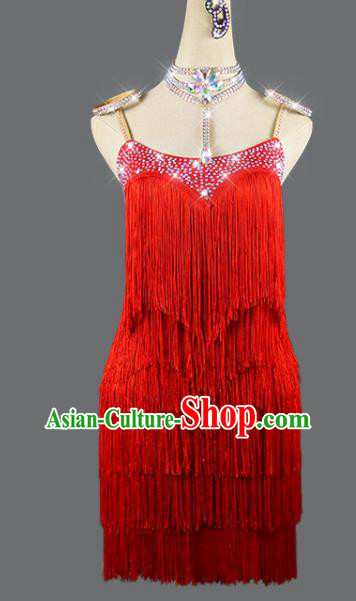 Professional Rumba Dance Costume Women Dancing Competition Fashion Latin Dance Clothing Cha Cha Sexy Red Tassel Dress