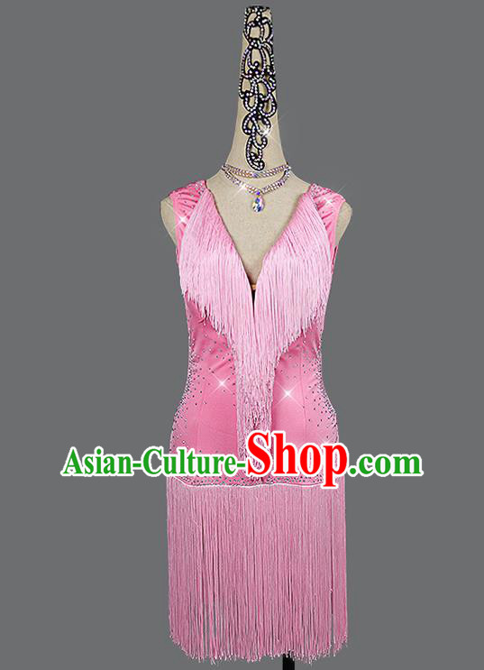Professional Rumba Dance Sexy Fashion Latin Dance Pink Tassel Dress Women Cha Cha Costume Dancing Competition Clothing